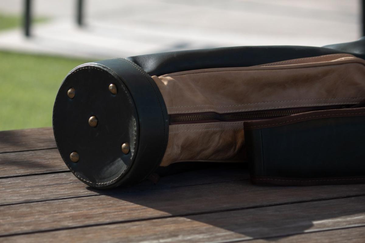 Bottom of the Heart and Soul pencil bag with antique-finish stainless steel rivets and saddle tan accents